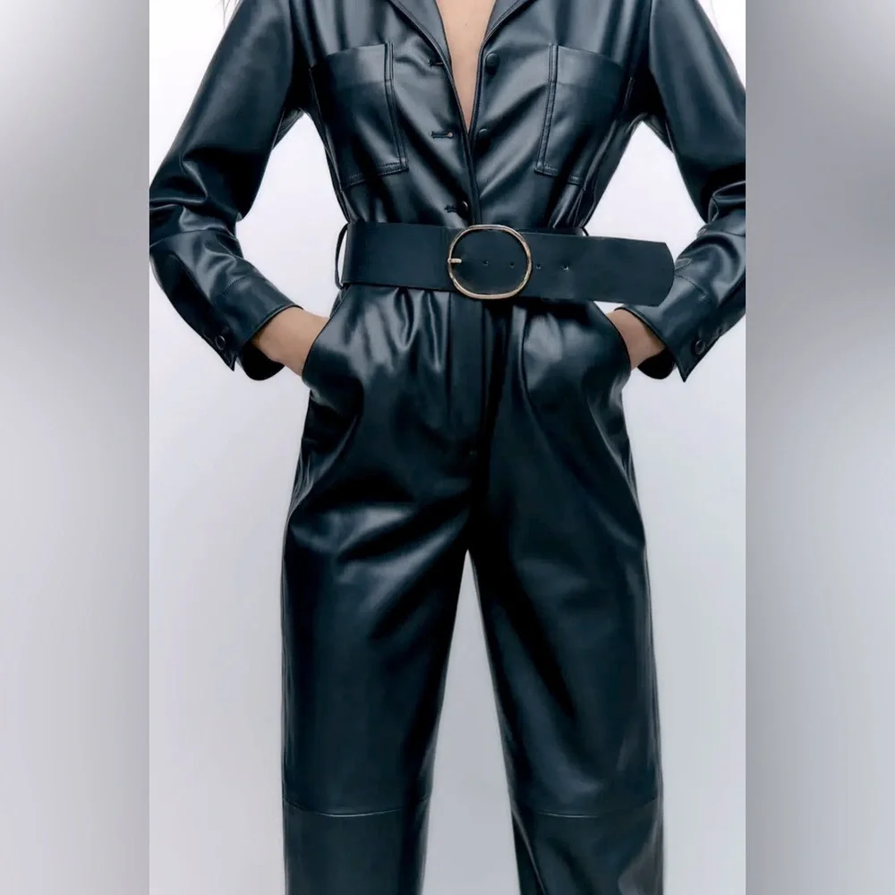 Zara FAUX LEATHER JUMPSUIT V-neck Long Sleeves Front & Back Patch Pockets NEW - Picture 4 of 10